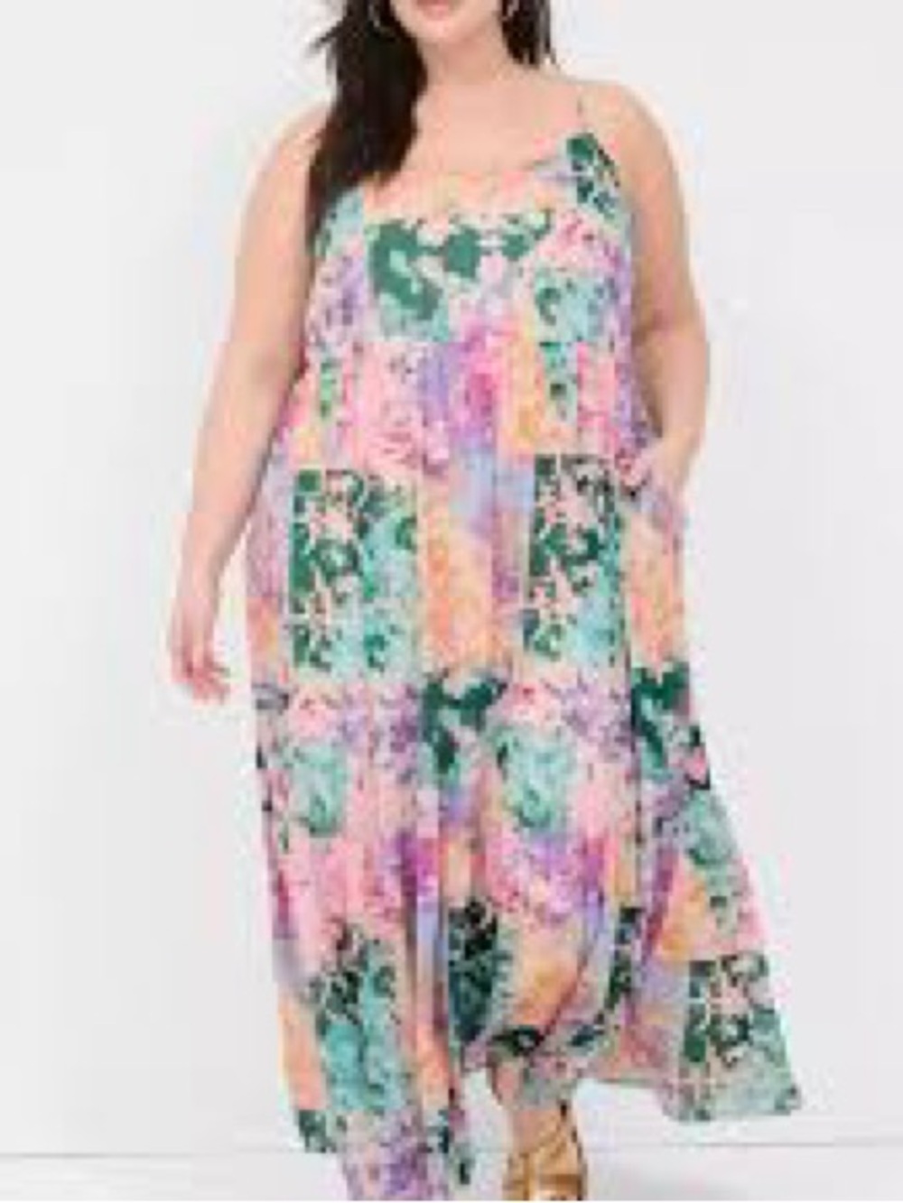 Lane Bryant patchwork floral tiered maxi sundress pink and green cami straps.